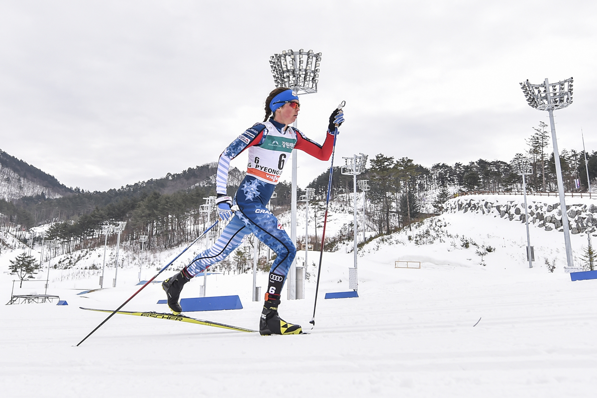 Caitlin Patterson (Craftsbury Green Racing Project) en route to a career-best World Cup result of fourth in the women's 15 k skiathlon in PyeongChang, South Korea. (Photo: Fischer/NordicFocus)