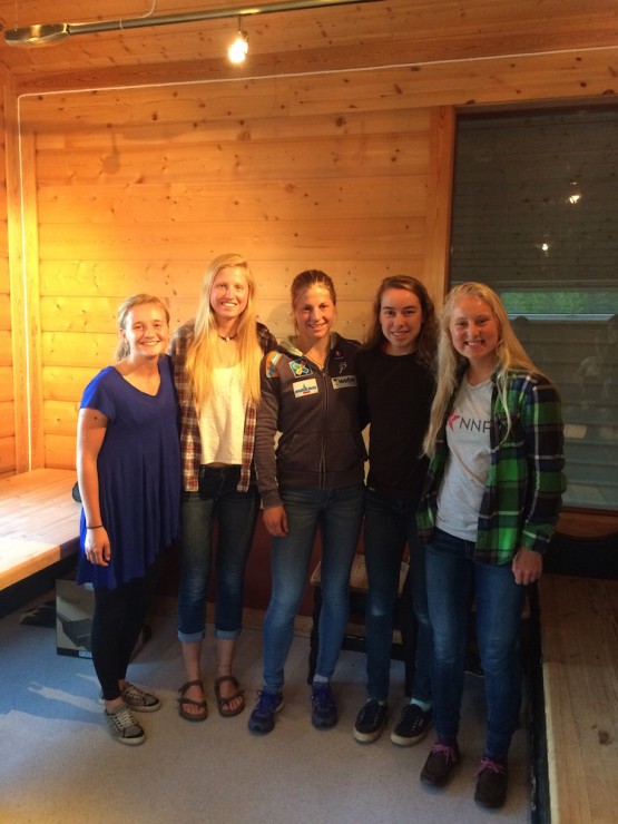 4 U.S. juniors at the Global Junior Camp with Norway's Astrid Jacobsen, who presented to the camp in Sjusjøen, Norway. From left to appropriate: Alayna Sonnesyn, Hailey Swirbul, Jacobsen, Katharine Ogden, and Hannah Halvorsen. (Photo: Hailey Swirbul)