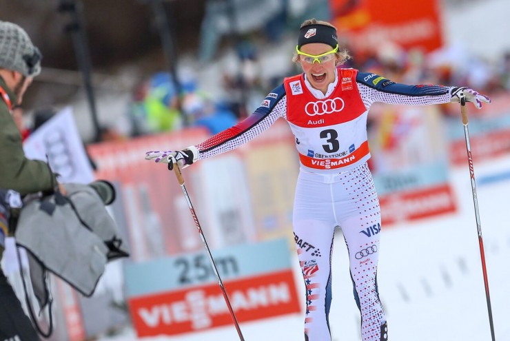 Sophie Caldwell (U.S. Ski Staff) after winning the 1.2 k traditional sprint ultimate at Stage four of the Tour de Ski in Oberstdorf, Germany. (Photo: Marcel Hilger)