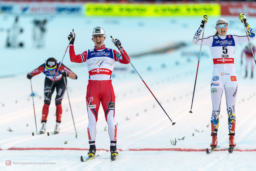 Norway's Marit Bjørgen (c) celebrates her 15th World Championships gold and record-setting 30th overall medal (between Olympics and World Championships) with a classic-sprint win at 2015 World Championships in Falun, Sweden. "It took years for her to build up to doing [980 hours]," said Hawley. (Photo: FlyingPointRoad)