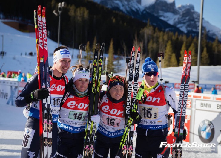 Italy positioned second in the mixed relay at the IBU Globe Cup in Canmore, Alberta, with Dorothea Wierer (second from r), Karin Oberhofer (2nd from l), Lukas Hofer (r), and Dominik Windisch. (Photo: Daniel S. Guay)