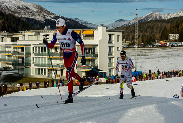 Canada's Devon Kershaw (r) attempts to catch a ride from Norway's Pal Golberg in the World Cup 15 k traditional nowadays in Davos, Switzerland. Devon passed Golberg shortly thereafter when Golberg &quotexploded.&quot 