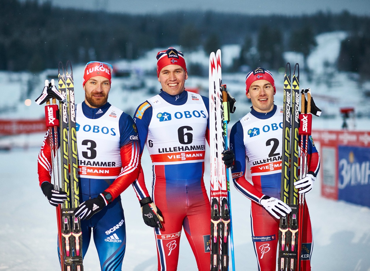 The men's 1.5 k freestyle sprint podium on Friday at the World Cup mini tour in Lillehammer, Norway, with Norway's Pål Golberg (c) in very first, Russia's Alexey Petukhov in second (l) and Norway's Finn Hågen Krogh in third. (Photograph: Fischer/NordicFocus)