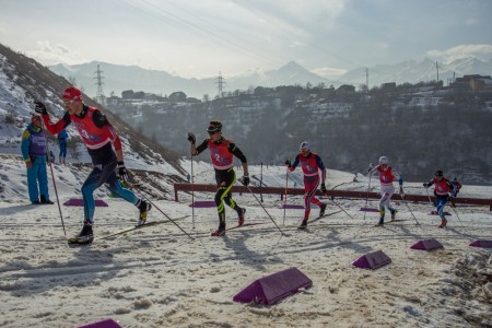 The leaders -- (l-r) Russia, France, Norway -- for the duration of the four x 5 k men's relay at Junior Worlds in Almaty, Kazakhstan (Photo: Logan Hanneman) 