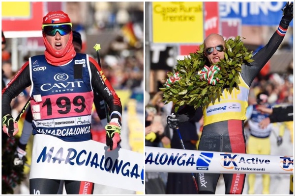 Katerina Smutna (left) and Tord Asle Gjerdalen (right) of Team Santander won the 2017 Marcialonga. (Photo: Visma Ski Classics)