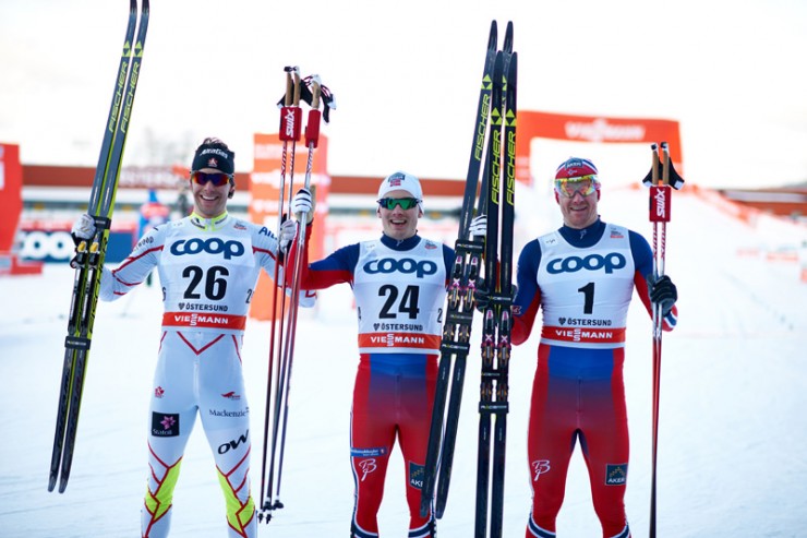 Finn Hågen Krogh (c) of Norway following winning his the World Cup traditional sprint on Saturday in Ostersund, Sweden, ahead of Canada's Alex Harvey (l) in 2nd and fellow Norwegian Timo Andre Bakken (r) in third. Krogh went on to win Sunday's 15 k skate as nicely. (Photograph: Fischer/NordicFocus)