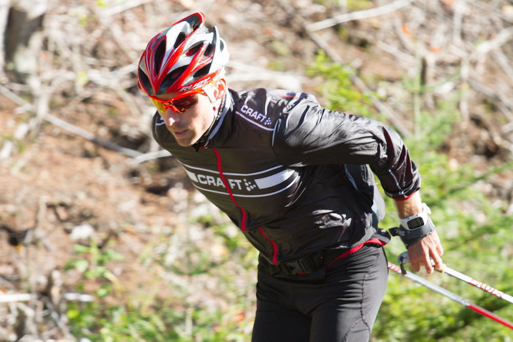 Andy Newell rollerskis in the colder climate at the USST camp in Lake Placid. (photograph: Reese Brown)