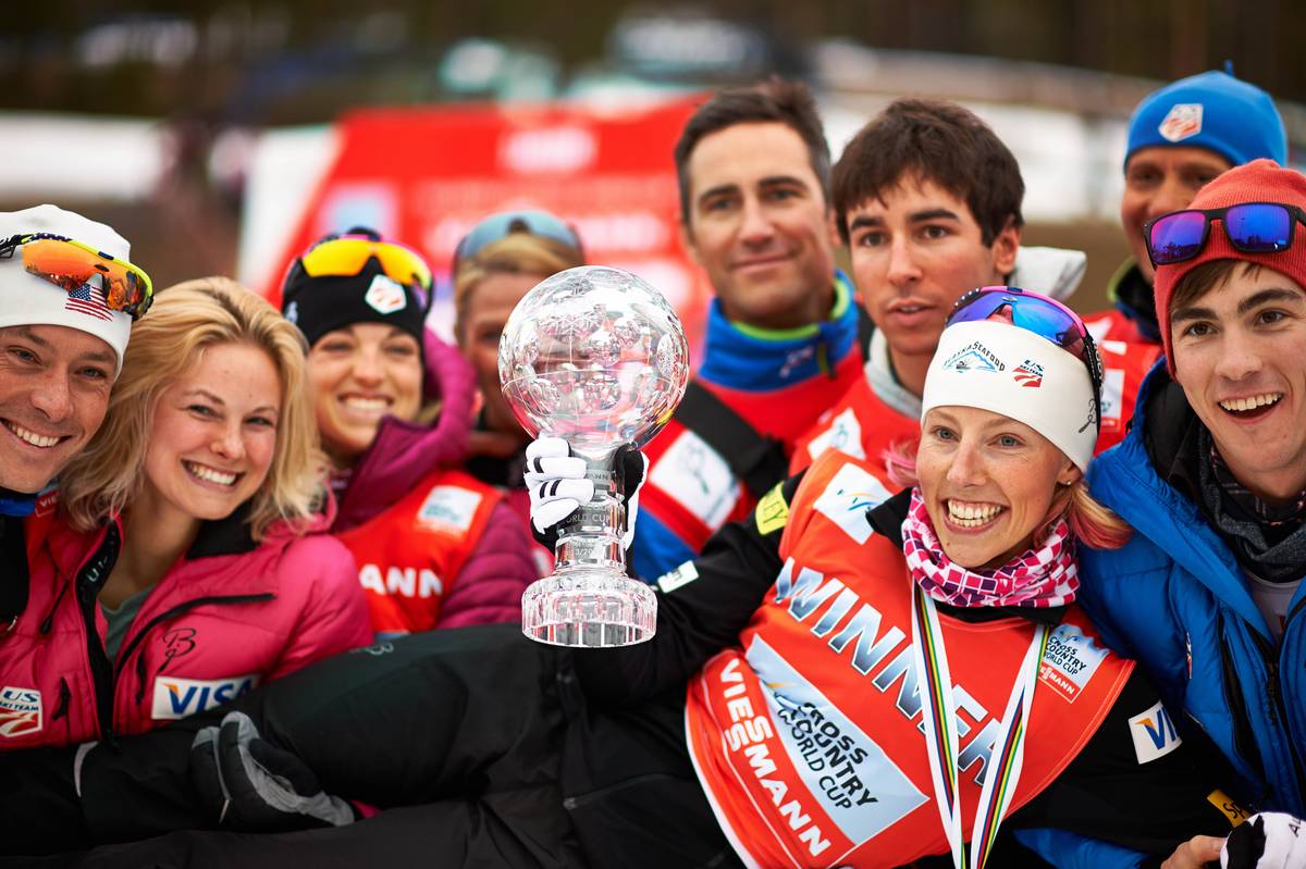 Several members of the U.S. Ski Crew lift up Kikkan Randall soon after she won her third-straight Planet Cup sprint Crystal Globe a the finish of the 2013/2014 season. (Photograph: Fischer/Nordic Emphasis)