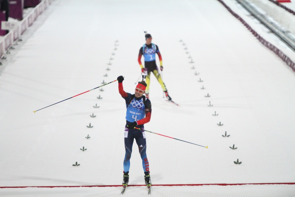 Russian anchor Anton Shipulin celebrates his team's gold medal in the men's relay over Germany's Simon Schempp. Austria was third.