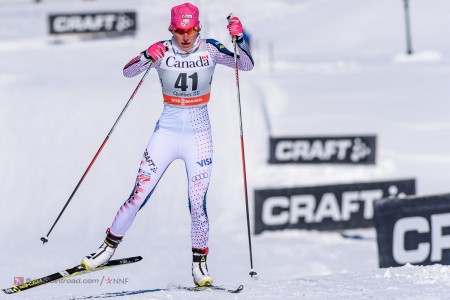  Sophie Caldwell (U.S. Ski Team) racing to 22nd in the women's freestyle sprint qualifier at Stage 3 of the Ski Tour Canada in Quebec City. (Photo: FlyingPointRoad.com/NNF)