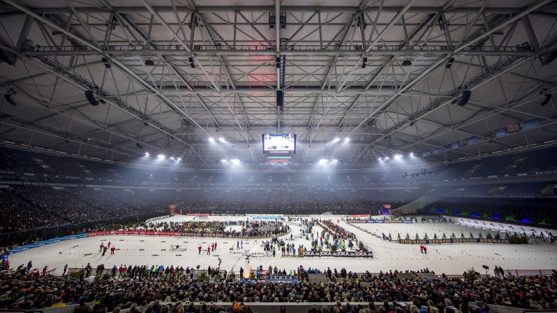 View of the indoor section of the ski track and the shooting range inside the domed Veltins Arena during the 2016 Biathlon auf Schalke invitational. (Photo: Biathlon-aufSchalke.de)