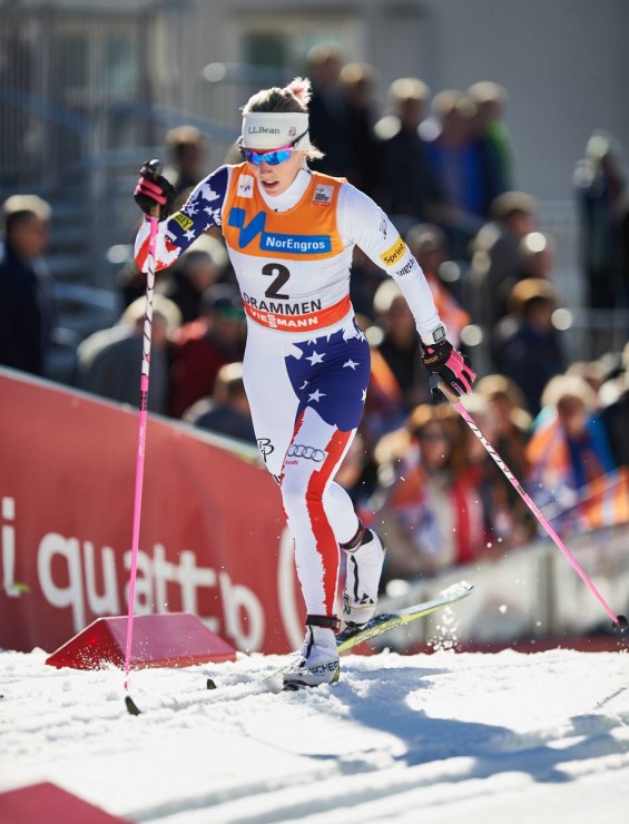 Kikkan Randall racing last season at the final Globe Cup classic sprint in Drammen, Norway. Randall, 32, will miss the 2015/2016 season as she is expecting her very first youngster. (Photograph: Fischer/NordicFocus)