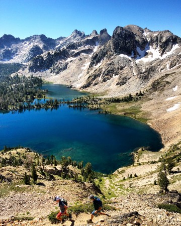 Gold Team rookies, Cole Morgan and Jack Hegman run above Twin Lakes in Idaho's southern Sawtooths, summer 2016. (Photo: Rogan Brown)