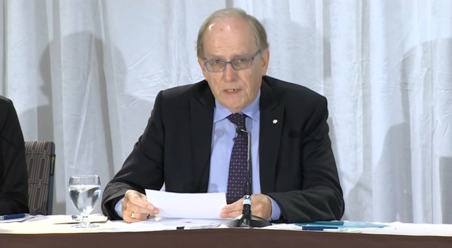 Richard McLaren speaking at a news conference in Toronto on Monday regarding his WADA-commissioned report on state-sponsored doping in Russia. 