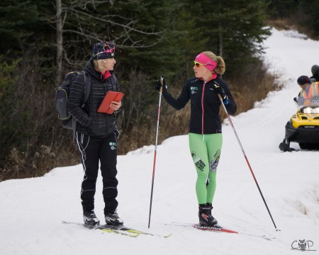 Miloucheva and Ida Sargent discussing a workout in early Nov., whilst education in Foret Montmorency, QC. (Photograph: Caitlin Patterson) 