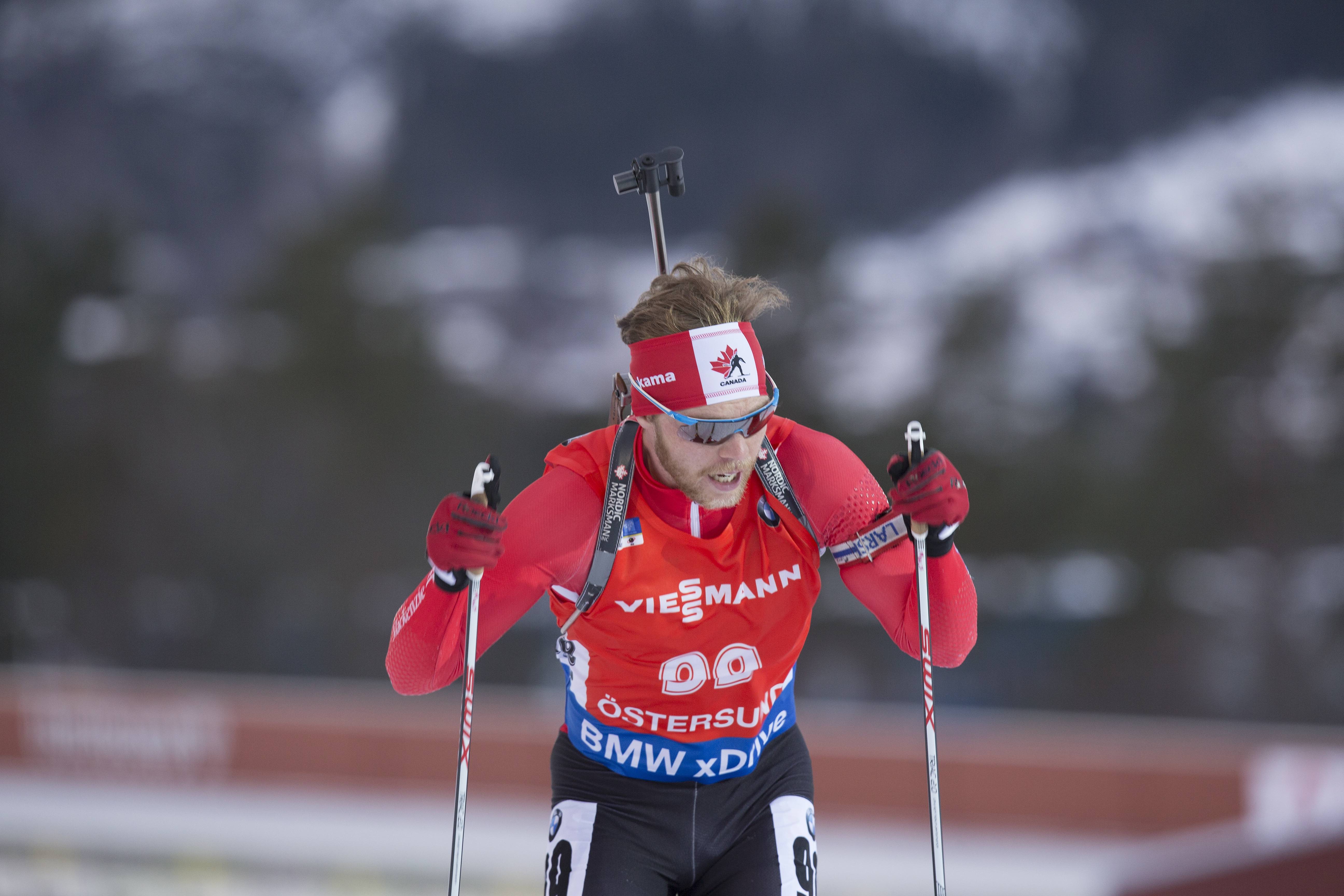 Macx Davies of Canada racing to 10th in the IBU World Cup 10 k sprint in Ostersund, Sweden, last December. It was his career-best result by 30 places. (Photo: Biathlon Canada/NordicFocus)