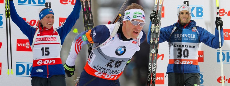 U.S. Biathlon's Susan Dunklee (l), Lowell Bailey (c) and Tim Burke led the team once again this season. (FasterSkier image includes photos from USBA/NordicFocus)