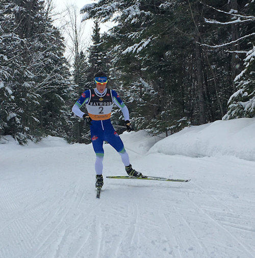 Andy Shields (NDC Thunder Bay) racing to a 45-2nd win with the fastest time of the day right after starting second in the men's 15 k freestyle pursuit at the NorAm at Mont Sainte-Anne in Quebec on Jan. 31. (Photograph: CCC)