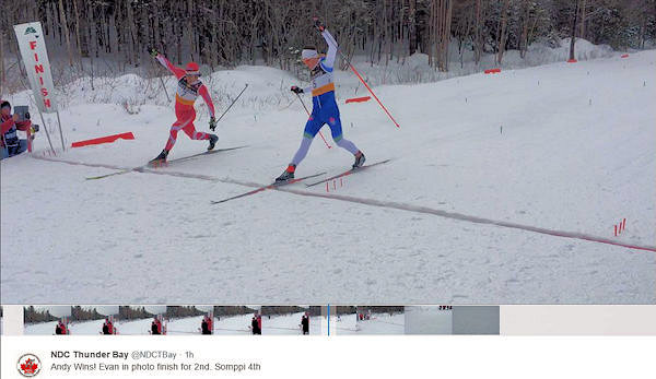 Canadian Para-Nordic Globe Cup skier Brian McKeever (l) and Thunder Bay's Evan Palmer-Charette (r) in a photo finish for second at the men's 15 k freestyle pursuit on Jan. 31 at the Mont Sainte-Anne NorAm in Quebec. Palmer-Charette had the edge and McKeever positioned third. (Photograph: CCC)