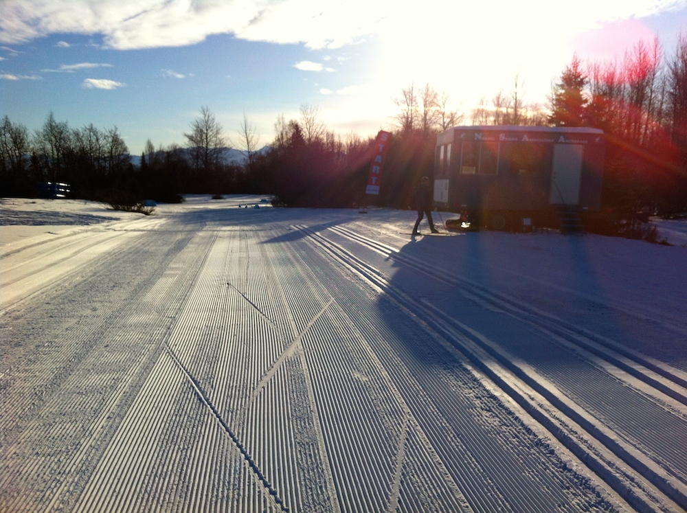 The secondary stadium at World Cup start, 0.8 miles from the Kincaid Chalet and main open-aired stadium at Kincaid Park in Anchorage, Alaska, on Friday morning. While the primary stadium is snow covered, it's exposed and not quite deep enough for setting tracks.