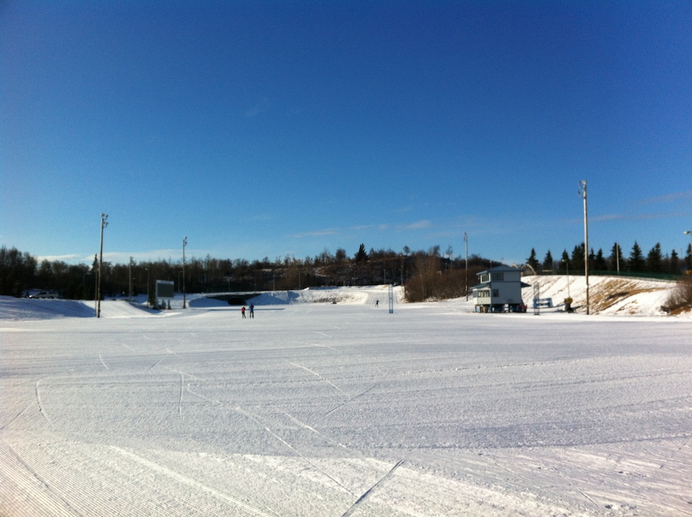 The main stadium at Kincaid Park, which will not be used this week for SuperTour Finals and U.S. Distance Nationals because of Anchorage's low-snow situation. The trails are covered, and race organizers have yet to determine whether all the races will be held at Kincaid -- including the 30 and 50 k next Friday. Races are planned for the original site unless otherwise noted.