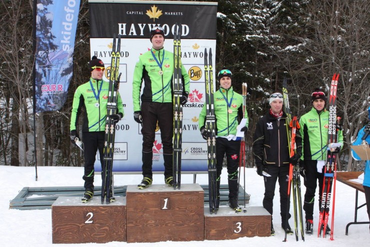 Thunder Bay National Growth Centre swept the podium (best 3) in the men's 10 k traditional on Jan. 30 with Bob Thompson in first, Andy Shields in 2nd and Michael Somppi in third. Colin Abbott of the Yukon Elite Squad positioned fourth (second from r) and a fourth NDC skier, Evan Palmer-Charrette (r) was fifth. (Photograph: Skibec Nordique/Facebook)