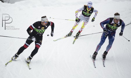 NorAm action in Rossland, B.C., final winter: with Dakota Blackhorse-von Jess of the Bend Endurance Academy (101) rounding a corner with Sun Valley's Miles Havlik (110) and Graeme Killick (121) of the Alberta Globe Cup Academy/CNST in the Black Jack NorAm 1.6 k skate sprint semifinals on Dec. 15. Blackhorse-von Jess won the semifinal and went on to spot fifth in the A-ultimate. Fourth in the semi, Havlick ended up 2nd overall, and Killick placed 12th. (Photograph: Shelley Peachell/Peachell Photography, http://peachellphotography.com/)