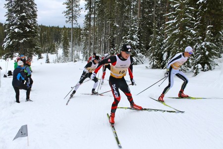 Tucker McCrerey (Utah) takes the outdoors corner at the top of Tele Hill. McCrerey went on to location 19th in the 15 k skate at the 2013/2014 West Yellowstone SuperTour opener.