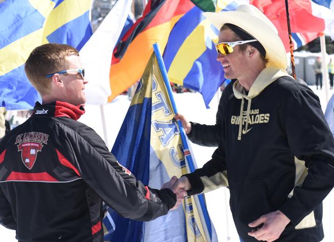 Ethan Townsend (l) existing chair for the NCAA Men’s and Women’s Skiing Principles Committee and Saint Lawrence University nordic head coach, congratulates Mads Strøm of the University of Colorado soon after he won the men's 10 k freestyle race at the 2016 NCAA Championship races in Steamboat Springs, Colorado. (Photograph: CUBuffs/Buffzone.com)