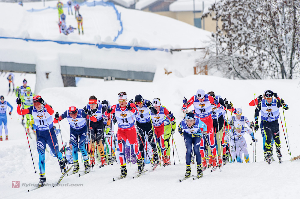 Russia’s Kirill Vitsjuzjanin (11) leading the pack in Val di Fiemme, Italy. Vichuzhanin has had his provisional suspension lifted. (Photo: FlyingPointRoad.com)