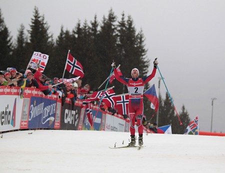 Elated Sundby crosses the line to wrap up his second consecutive Tour de Ski title - Photograph: NewsPower.it