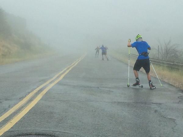 U.S. Nordic Mixed skiers tackle a foggy instruction session near Park City, Utah (which includes Bryan Fletcher, Taylor Fletcher, Ben Berend, Brett Denney, Michael Ward, and Adam Loomis). (Photograph: Dave Jarrett/Twitter)