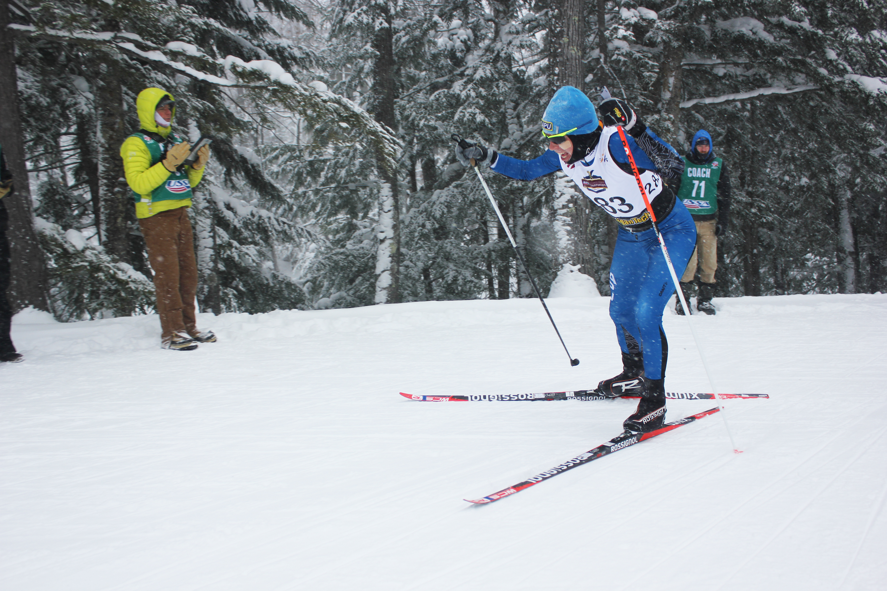 Rosie Brennan (APU) skis with an oversized pole in the initial lap of the women's ten k freestyle at the 2015 U.S. Cross Nation Championships in Houghton, Mich. 