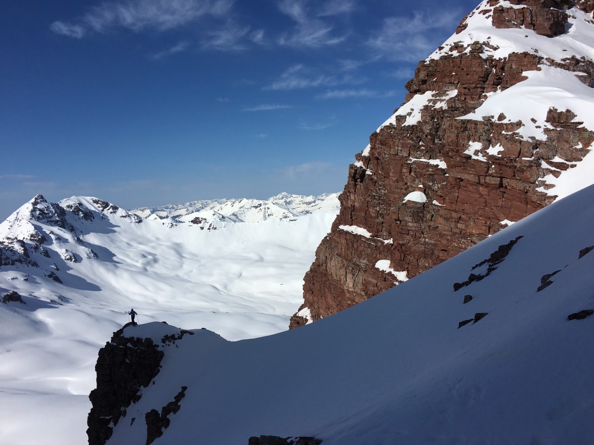 Simi Hamilton Mid-Crust Cruise around the Four Pass Loop (A loop circumnavigating the Maroon Bells outside Aspen, CO.) "The crust conditions that day maybe come in once every 10 years, so that was a pretty unreal adventure," Hamilton said. (Photo Credit: Linden Mallory)