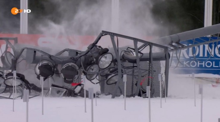 Strong winds knocked more than a light submit in the stadium on Sunday in Khanty-Mansiysk, Russia, leading to the cancellation of the two mass starts for security worries with the continued gusting winds. (Photo: ZDF screen shot)