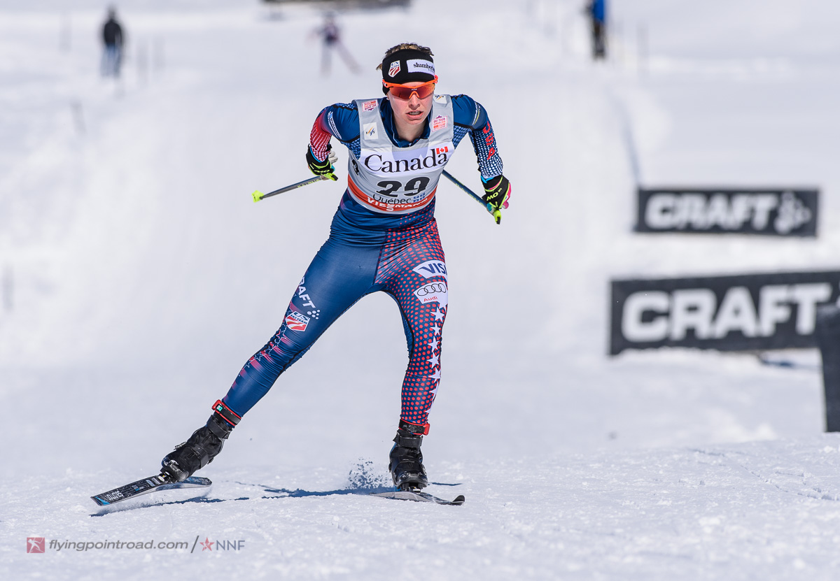 Jessie Diggins (U.S. Ski Team) racing to fourth in the women's freestyle sprint qualifier at Stage 3 of the Ski Tour Canada in Quebec City. She went on to place 13th after a crash in her quarterfinal. (Photo: FlyingPointRoad.com/NNF)