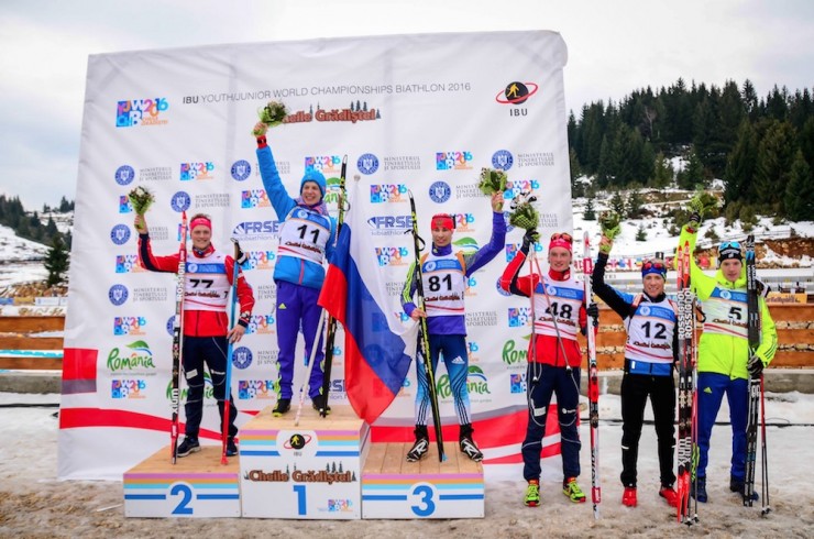 The youth men's podium (and best 6) at the flower ceremony on Friday at IBU Youth Globe Championships in Cheile Gradistei, Romania: one. Russia's Igor Malinovskii (11), 2. Norway's Endre Strømsheim (77), three. Russia's Viacheslav Maleev (81), four. Norway's Aleksander Andersen (48), 5. France's Morgan Lamure (twelve), six. Sweden's Sebastian Samuelsson (5). (Photograph: IBU YJWCH Cheile Gradistei 2016/Facebook)