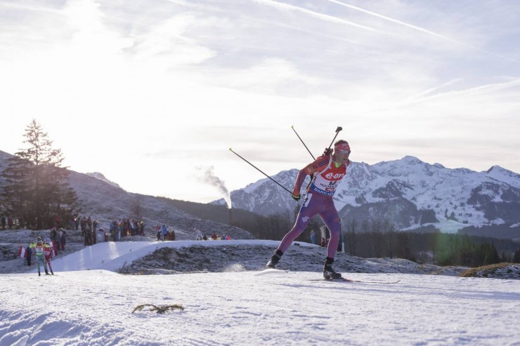 Lowell Bailey on his way to 13th in the men's twelve.5 k pursuit at the IBU Globe Cup in Hochfilzen, Austria. (Photo: USBA/NordicFocus)