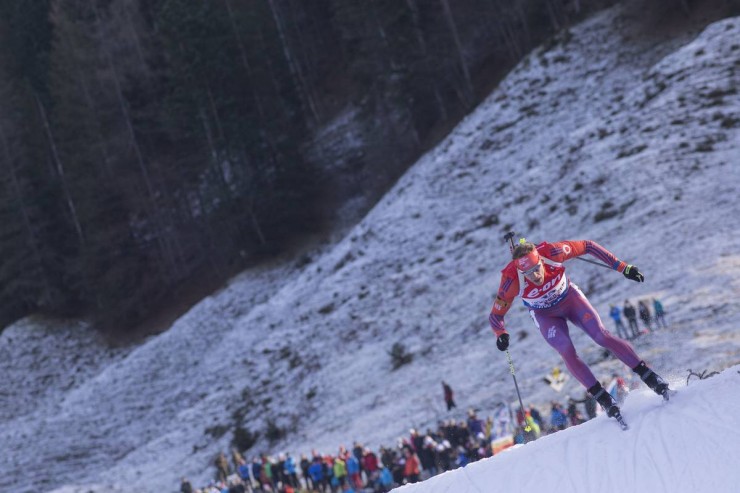 Lowell Bailey on his way to 13th in the men's twelve.five k pursuit at the IBU Planet Cup in Hochfilzen, Austria. (Photograph: USBA/NordicFocus)