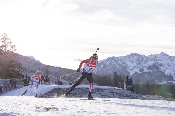 Nathan Smith (Biathlon Canada) racing to 18th in the IBU Globe Cup pursuit in Hochfilzen, Austria. (Photograph: Fischer/NordicFocus)