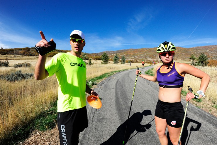 Coach Matt Whitcomb operates with Jessie Diggins at at U.S. Cross Country Ski Staff roller ski training on the Olympic trails at Soldier Hollow, Utah. (U.S. Ski Group - Tom Kelly)