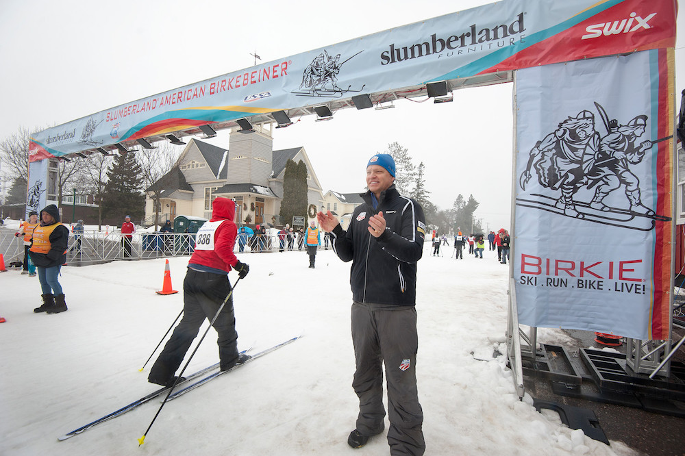 USSA President and CEO Tiger Shaw cheers on youngsters in the Barnebirkie race in the course of the American Birkebeiner. (Photograph: USSA/Tom Kelly)
