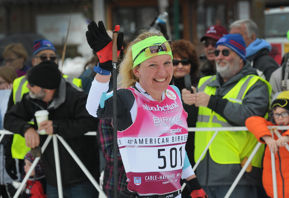 Caitlin Gregg right after winning her record fourth Slumberland American Birkebeiner from Cable to Hayward, Wisconsin. (USSA/Tom Kelly)