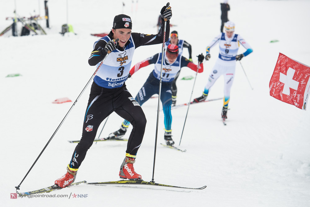 Paddy Caldwell (Dartmouth) racing to a career-best 10th on Friday in his skiathlon at his first Junior World Championships in Val di Fiemme, Italy. (Photo: FlyingPointRoad.com/Proceeds go to the National Nordic Foundation)