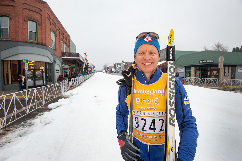 USSA President and CEO Tiger Shaw is prepared to race, posing on Major Street prior to the American Birkebeiner. (Photograph: USSA/Tom Kelly)