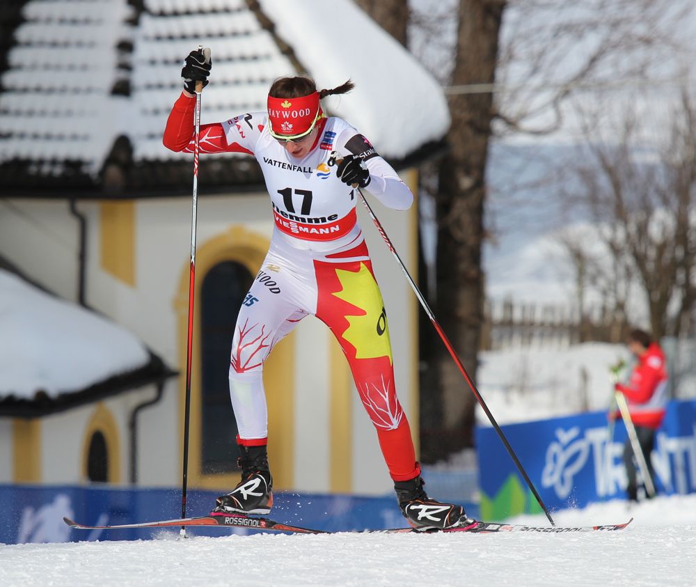 Dasha Gaiazova attacking one of several climbs in the women's 10 k freestyle individual start on Tuesday at the 2013 World Championships in Val di Fiemme, Italy. The top Canadian, Gaiazova was 40th.