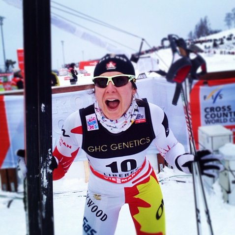 An excited Dasha Gaiazova at the women's 0.85 k World Cup classic sprint in Liberec, Czech Republic. The Canadian was fourth for a career best and narrowly missed the podium in a photo finish. (Chandra Crawford photo)