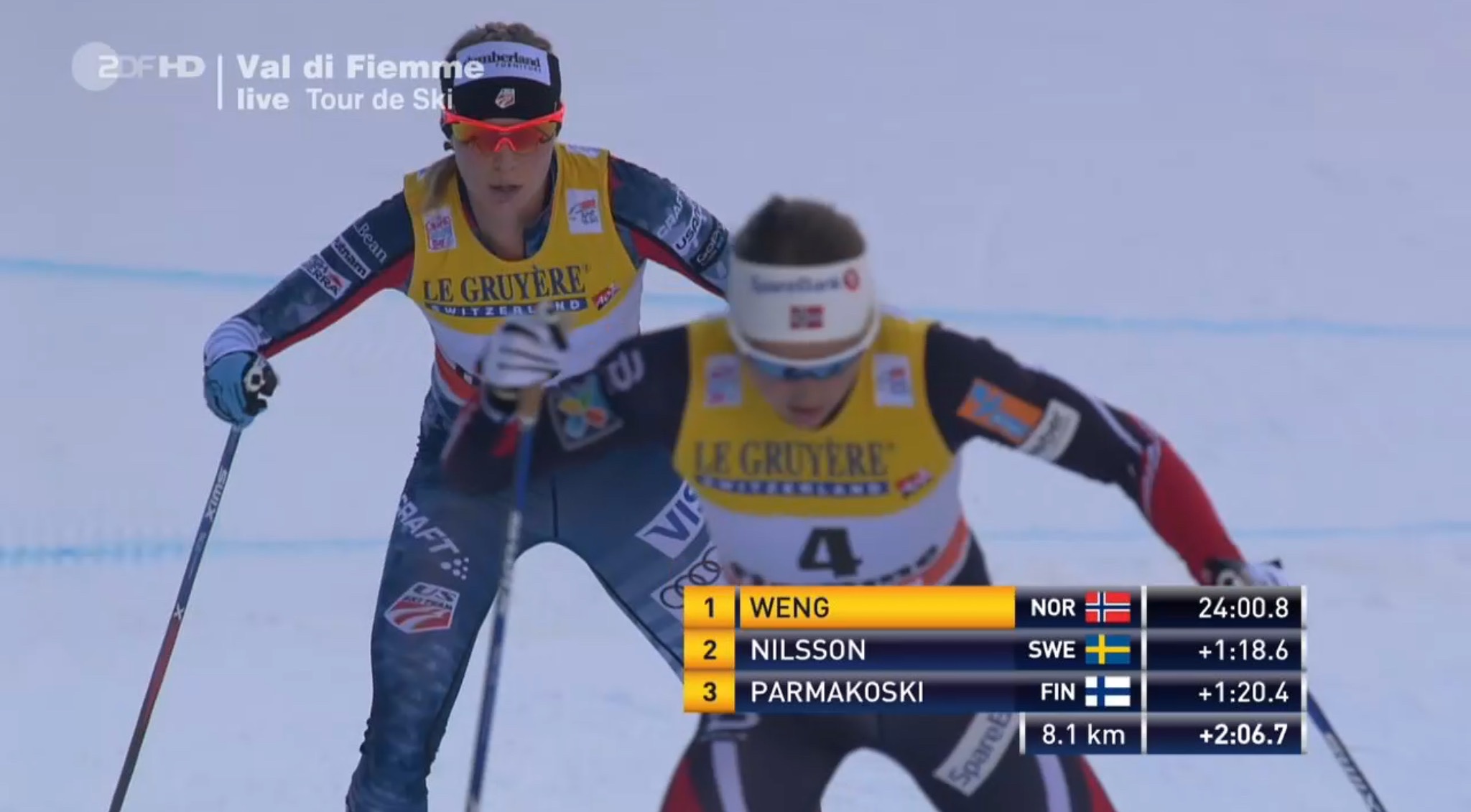 American Jessie Diggins chasing Norway's Ingvild Flugstad Østberg on the final climb of the 2017 Tour de Ski up the Alpe Cermis in Val di Fiemme, Italy. Østberg finished the Tour in fourth and Diggins fifth, tying a best-ever mark for the U.S., set in 2015 by Liz Stephen. (Photo: ZDF screenshot)