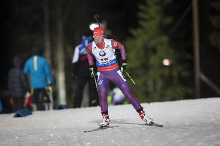 Annelies Cook (US Biathlon) racing to 25th in the 7.5 k sprint at the IBU Globe Cup in Östersund, Sweden. (Photo: USBA/NordicFocus)